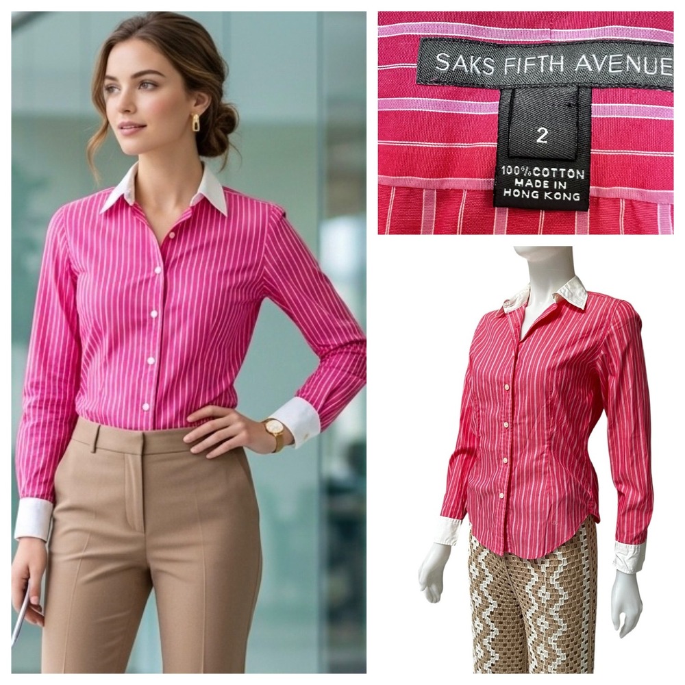 Vtg 90's Saks Fifth Avenue Pink White Striped Shirt Cotton Office Siren Preppy S